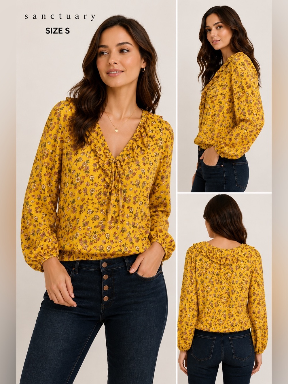 Sanctuary Yellow Floral Ruffle Tie Neck romantic feminine Cottagecore Blouse/ S